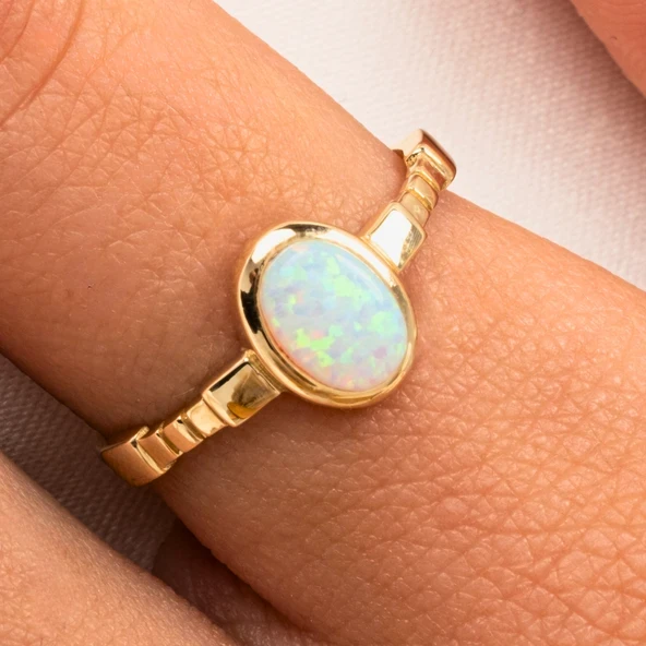 Gümüş Yüzük -Opal Taşlı Oval Kesim Boğumlu Tektaş Tasarım 925 Ayar Gümüş Kadın Yüzük-Hediyelik Yüzük ürün görseli 1