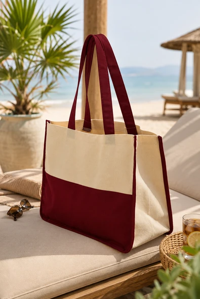 Geniş Hacimli Ham Bez Plaj Çantası İç Cepli Şık Tasarım Bordo 35 cm x 45 cm ürün görseli 1