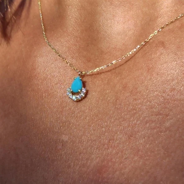 Altın Kolye - 0.50 CT Turkuaz (Firuze) 0.25 Pırlanta Damla Ay 14 Ayar Kolye- Doğal Taşlı Altın Kolye ürün görseli 1