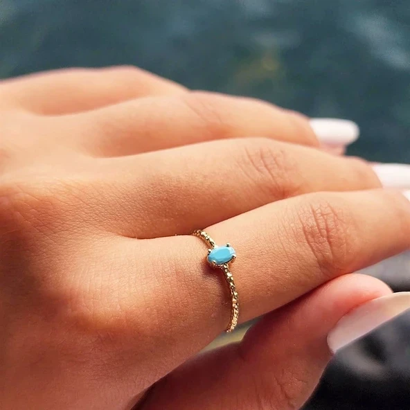 Gümüş Yüzük - 0.50CT Firuze Taşlı Dövülü Eskitme Tektaş Gümüş Yüzük - Hediye Gümüş Eskitme Yüzük ürün görseli 1