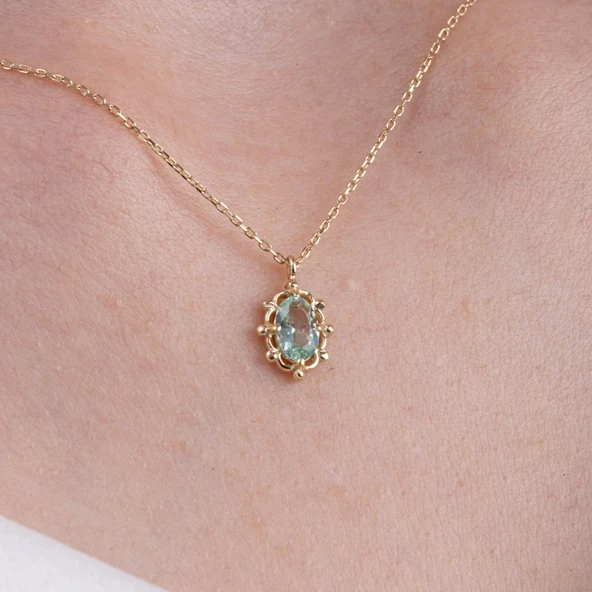 Altın Kolye - Vintage Tasarım Green Topaz (Su Yeşili) Taşlı 14 Ayar Altın Kolye ürün görseli 1