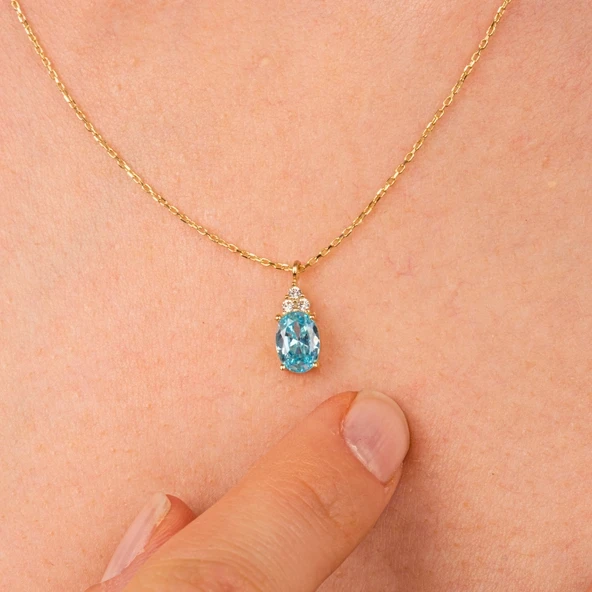 Gümüş Kolye - Blue Topaz Oval Taşlı 925 Ayar Gümüş Kolye ürün görseli 1