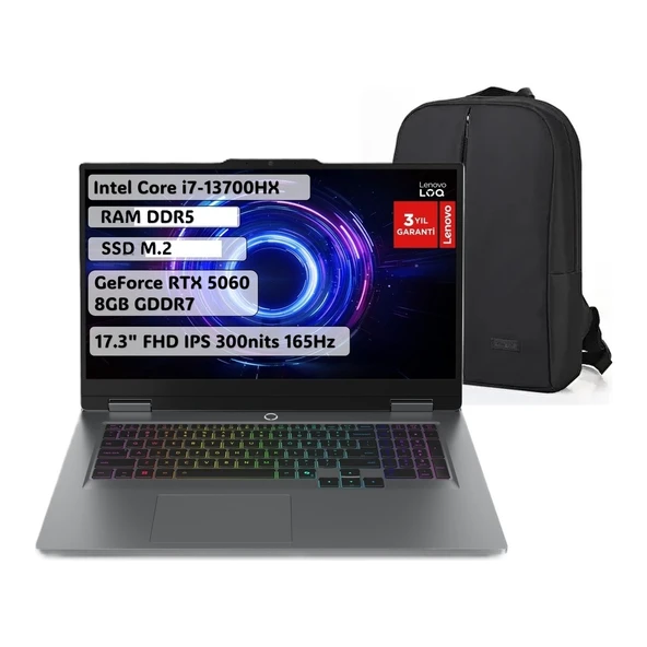 Loq I7-13700HX 64GB 1tb SSD 17.3" Fhd 144Hz Rtx 5060 8gb Gddr7 115W Windows 11PRO 83JH00BQTR Snertech Çanta ürün görseli 1