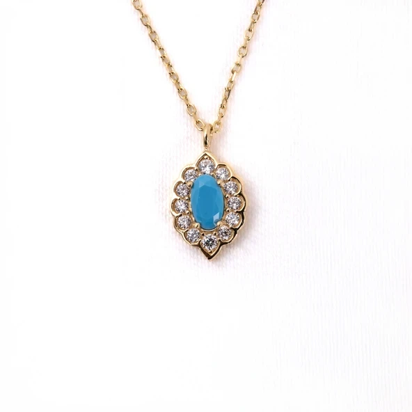 Altın Kolye - Oval Firuze (Turkuaz) Taşlı Yanları Zirkon Taşlı Modern Tasarım 14 Ayar Altın Kolye ürün görseli 1