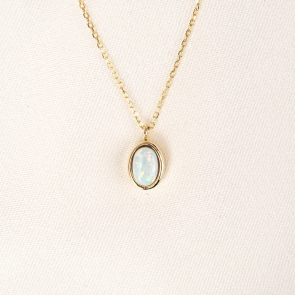 Altın Kolye - Opal Oval Taşlı 14 Ayar Altın Kolye - Resim 4