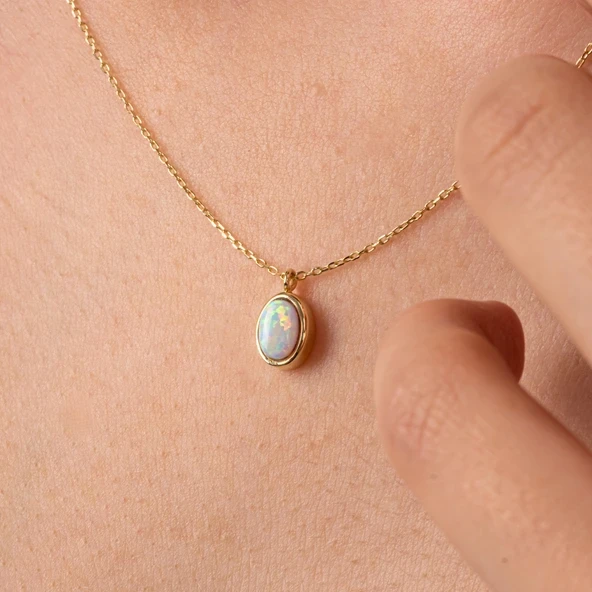 Altın Kolye - Opal Oval Taşlı 14 Ayar Altın Kolye - Resim 2