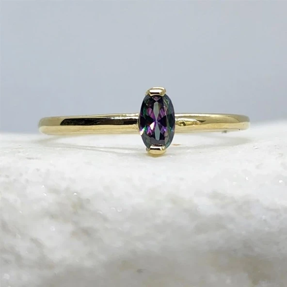 Minimal Altın Yüzük - 14 Ayar Altın Oval 0.50 Karat Mistik Topaz Taşlı Minimal Tektaş Kadın Yüzük ürün görseli 1