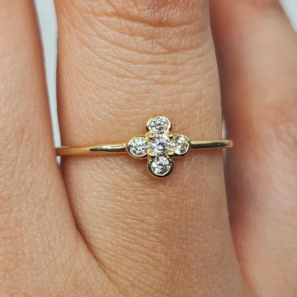 Minimal Altın Yüzük - 14 Ayar Altın Minimal Papatya Swarovski Taşlı Yüzük - Papatya Altın Yüzük ürün görseli 1