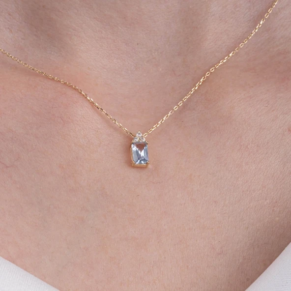 Altın Kolye - Baget Tasarım London Blue Topaz Taşlı Şık Tarz 14 Ayar Altın Kolye ürün görseli 1
