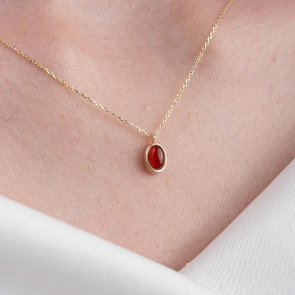 Gümüş Kolye - Bombeli Ruby Taşlı Sade Minimal Tasarım 925 Ayar Gümüş Kolye ürün görseli 1