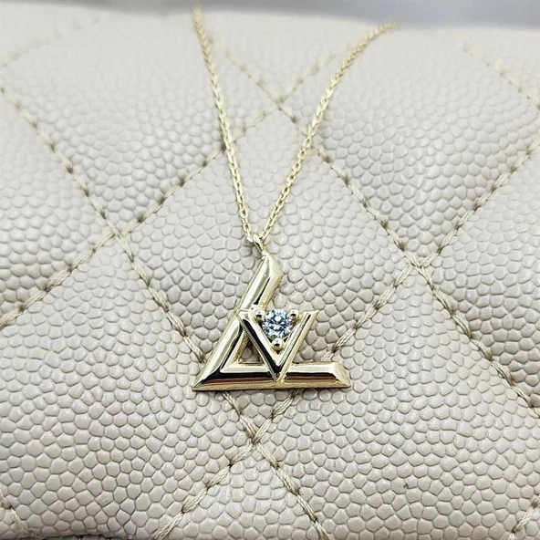 Altın Kolye - 0.20 Karat Pırlanta Möntürü (Signity Swarovski) Taşlı V Tasarım 14 Ayar Altın Kolye ürün görseli 1