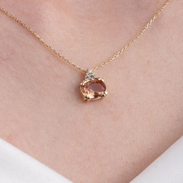 Altın Kolye - 1.15 CT Zultanit 0.20CT Swarovski Modern Tasarım Minimal Doğal Taş 14 Ayar Altın Kolye ürün görseli 1