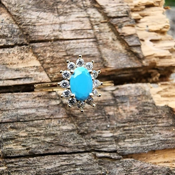 Gümüş Yüzük - 1.05 CT Firuze 0.30 CT Swarovski Taşlı Anturajlı Vintage Tasarım  925 Ayar Gümüş Yüzük ürün görseli 1