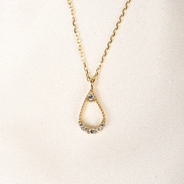 Altın Kolye - İçi Boş 0.30 CT Pırlanta(Signty)Taşlı Damla Figürlü Tasarım Modern 14 Ayar Altın Kolye ürün görseli 1