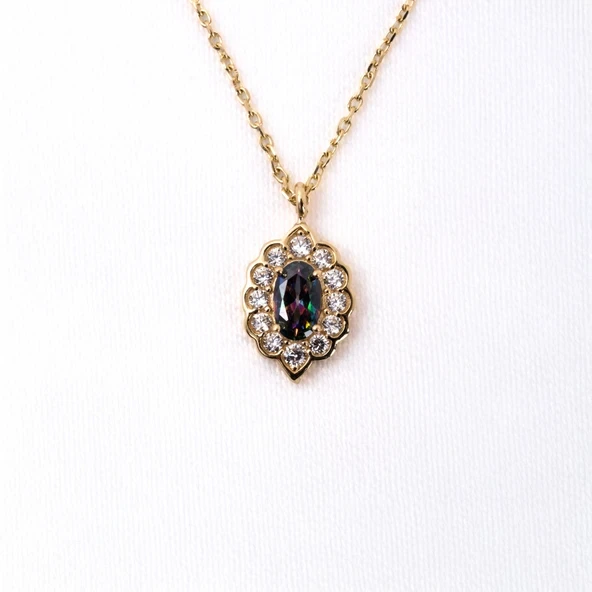 Altın Kolye - Oval Mistik Topaz Taşlı Yanları Zirkon Taşlı Modern Tasarım 14 Ayar Altın Kolye ürün görseli 1