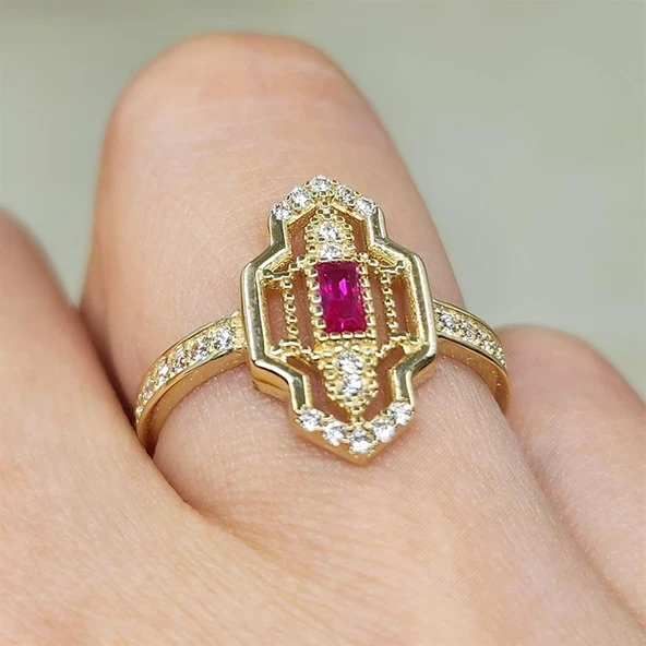 Gümüş Yüzük - Vintage Baget Ruby Taşlı Gündelik Gözde Tasarım Hediye 925 Ayar Gümüş Yüzük ürün görseli 1
