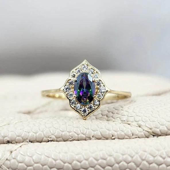 Evlilik Teklifi Altın Yüzük - 14 Ayar Altın Vintage Oval Mistik Topaz Taşlı Evlilik Teklifi Yüzüğü ürün görseli 1