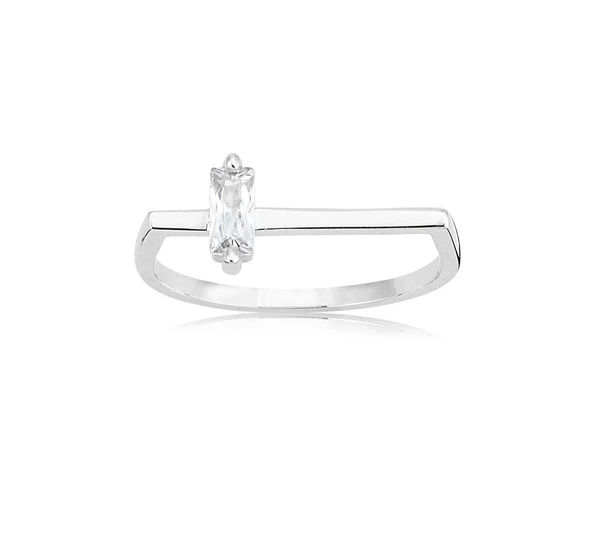 Gümüş Yüzük - Ufuk Çizgisi Şans Totemi Minimal Pırlanta Swarovski Taşlı Baget 925 Ayar Gümüş Yüzük ürün görseli 1