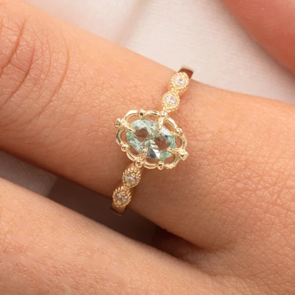 Gümüş Yüzük - Green Topaz Taşlı Gelin Başı Tektaş 925 Ayar Gümüş Evlilik Teklifi Yüzüğü ürün görseli 1