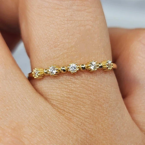 Gümüş Yüzük - Beş Taş 0.45CT Pırlanta Montörü Evlilik Alyansı-Swarovski Taşlı Hediyelik Gümüş Alyans ürün görseli 1