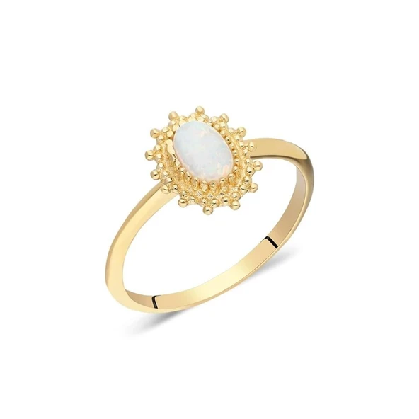 Tektaş Altın Yüzük - 14 Ayar Altın Oval Çiçek Desenli Opal Taşlı Minimal Tek Taş Yüzük - Eşe Yüzük ürün görseli 1