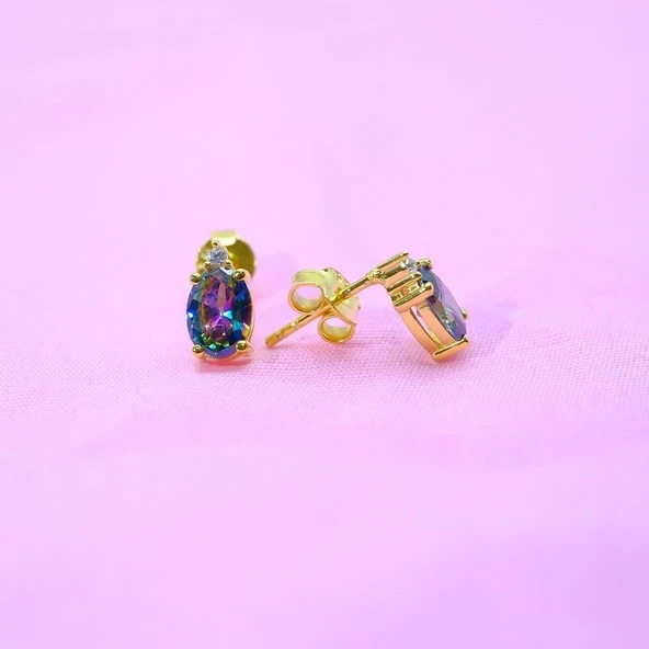 Gümüş Küpe - 1.10 Karat Mistik Topaz Oval Taşlı 925 Ayar Gümüş Küpe ürün görseli 1