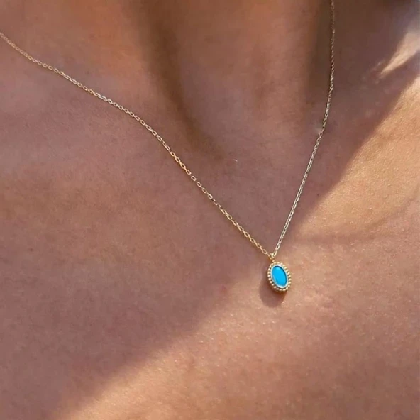 Altın Kolye - 0.90 CT Turkuaz (Firuze) Taşlı Güverseli Minimal Tasarım Hediye 14 Ayar Altın Kolye ürün görseli 1