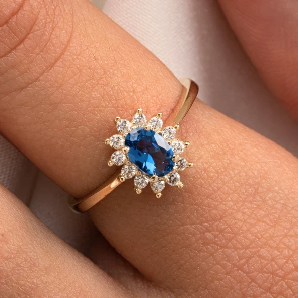 Altın Yüzük - 1.05 Karat Safir Topaz 0.30 Karat Pırlanta (Signty) Taşlı Vintage 14 Ayar Altın Yüzük ürün görseli 1