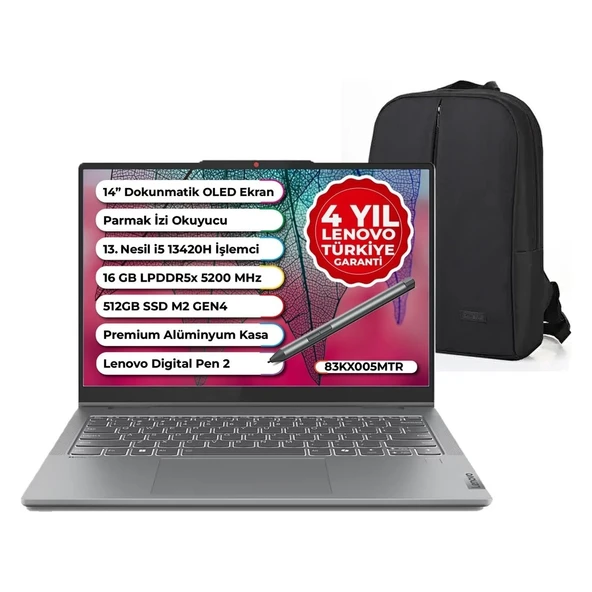 Ideapad 5 Slim 2 In 1 Intel Core I5-13420H 16GB 512GB SSD Windows 11 Pro 14" Wuxga OLED 83KX005MTR Taşınabilir Bilgisayar Snertech Çanta ürün görseli 1