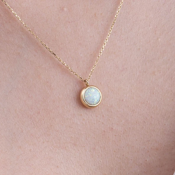 Gümüş Kolye - Oval Opal Taşlı Çerçeveli Sade Minimal Tasarım 925 Ayar Gümüş Kadın Kolye ürün görseli 1