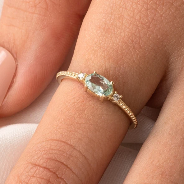 Tria Altın Yüzük - 14 Ayar Altın Oval Topaz Taşlı Yüzük - Hediyelik, Anneler Gününe Özel Yüzük ürün görseli 1