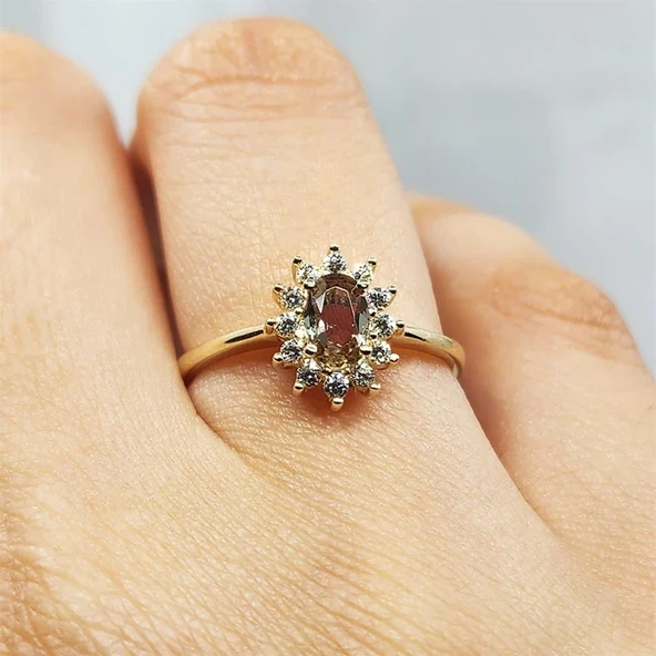 1,05CT Zultanit 0,30CT Pırlanta(Signty) Taşlı Anturajlı Vintage Tasarım Modern 925 Ayar Gümüş Yüzük ürün görseli 1