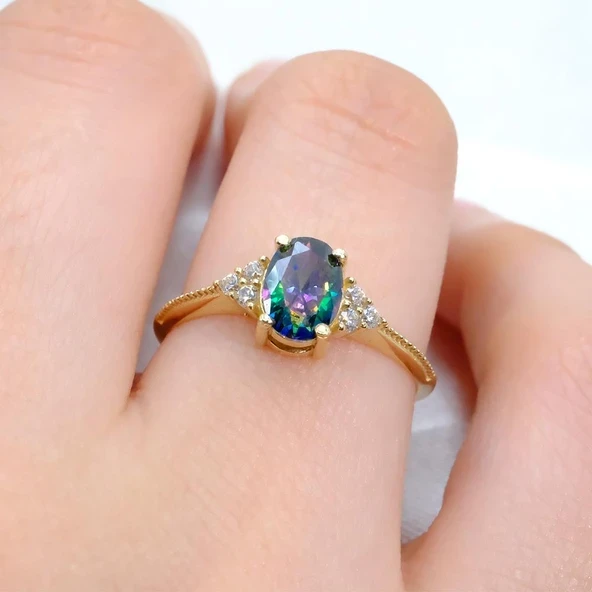 Gümüş Yüzük - 1.20Ct Mistik topaz Selena Evlilik Teklifi 925 Ayar Gümüş Yüzük-Tria Tek Taş Yüzük ürün görseli 1