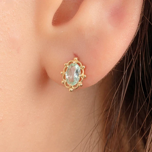 Gümüş Küpe - 925 Ayar Gümüş Vintage Tasarım Green Topaz (Su Yeşili) Taşlı Küpe ürün görseli 1