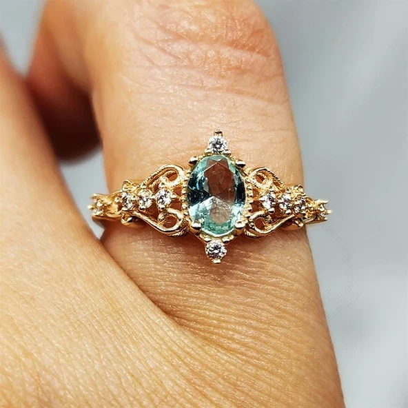 Gümüş Yüzük - Fox 0.50 Karat Love Su Yeşili Prenses Rose 925 Ayar Gümüş Evlilik Teklifi Yüzüğü ürün görseli 1
