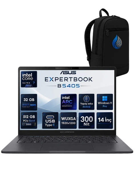 Asus Expertbook B5 Intel® Core™ Ultra 7 255H Aı 32 GB DDR5 512 GB SSD Intel® Arc™ Graphics 14''inç Wuxga (1920X1200) IPS 300NITS Windows 11 Pro Taşınabilir Bilgisayar B5405CCA-U716512B0DRNP09 ürün görseli 1