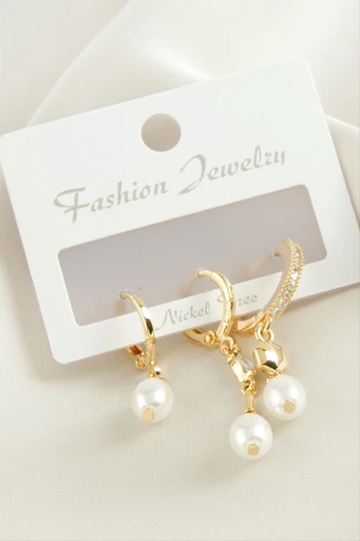 3 Adet Oval İnci Zirkon Taşlı Küpe ürün görseli 1
