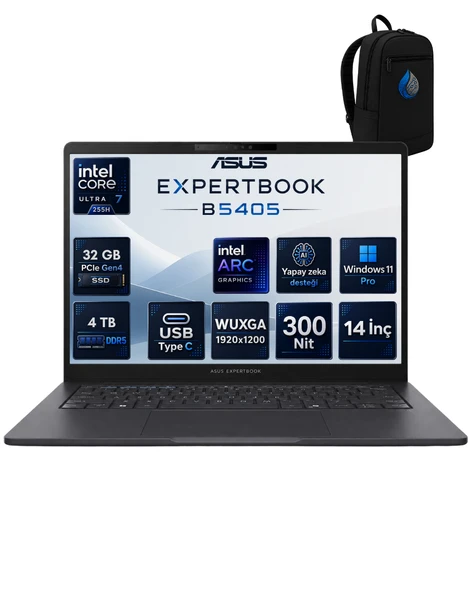 Asus Expertbook B5 Intel® Core™ Ultra 7 255H Aı 32 GB DDR5 4 TB SSD Intel® Arc™ Graphics 14''inç Wuxga (1920X1200) IPS 300NITS Windows 11 Pro Taşınabilir Bilgisayar B5405CCA-U716512B0DRNP12 ürün görseli 1