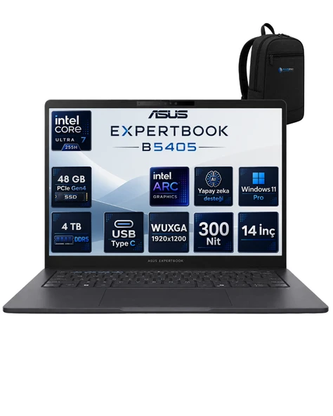 Asus Expertbook B5 Intel® Core™ Ultra 7 255H Aı 48 GB DDR5 4 TB SSD Intel® Arc™ Graphics 14''inç Wuxga (1920X1200) IPS 300NITS Windows 11 Pro Taşınabilir Bilgisayar B5405CCARNP20 ürün görseli 1