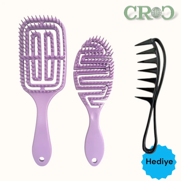 Croc Saç Fırçası Seti 2li Mor - Saç Açıcı Fırça, 3D Detangler Brush - Tarak Hediyeli ürün görseli 1