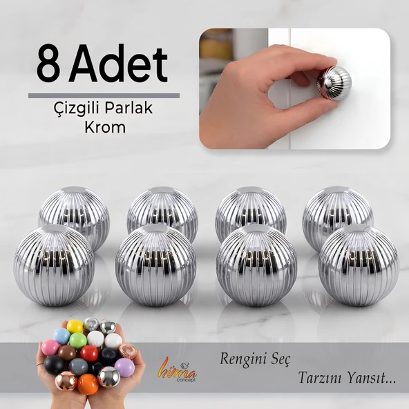 8 Adet Sert Plastik Düğme Yuvarlak Top Çizgili Parlak Krom Dolap Mobilya Mutfak Dolabı Çekmece Kulbu Kulpu Kulplar ürün görseli 1
