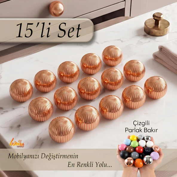 15 Adet Sert Plastik Düğme Yuvarlak Top Çizgili Parlak Bakır Dolap Mobilya Mutfak Dolabı Çekmece Kulbu Kulpu Kulplar ürün görseli 1