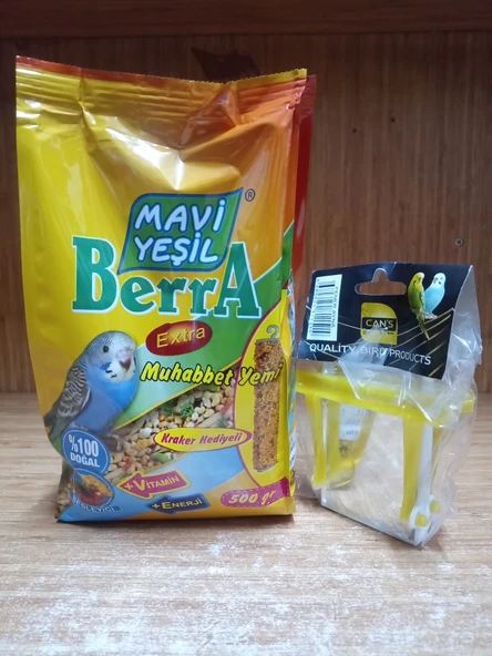 MAVİ-YEŞİL BERRA KRAKER HEDİYELİ MUHABBET KUŞU YEMİ 500GR+TÜNEKLİ AYNALI SALINCAK KUŞ OYUNCAĞI ürün görseli 1