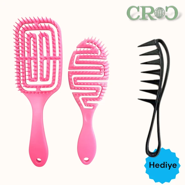 Croc Saç Fırçası Seti 2li Pembe - Saç Açıcı Fırça, 3D Detangler Brush - Tarak Hediyeli ürün görseli 1
