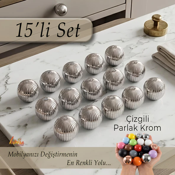 15 Adet Sert Plastik Düğme Yuvarlak Top Çizgili Parlak Krom Dolap Mobilya Mutfak Dolabı Çekmece Kulbu Kulpu Kulplar ürün görseli 1