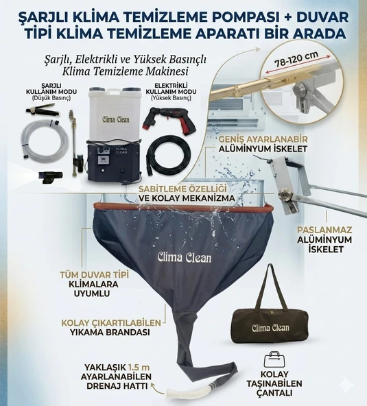 ŞARJLI VE ELEKTRİKLİ  KLİMA TEMİZLEME POMPASI+DUVAR TİPİ KLİMA TEMİZLEME APARATI PROFİLLİ(İKİLİ SET) ürün görseli 1