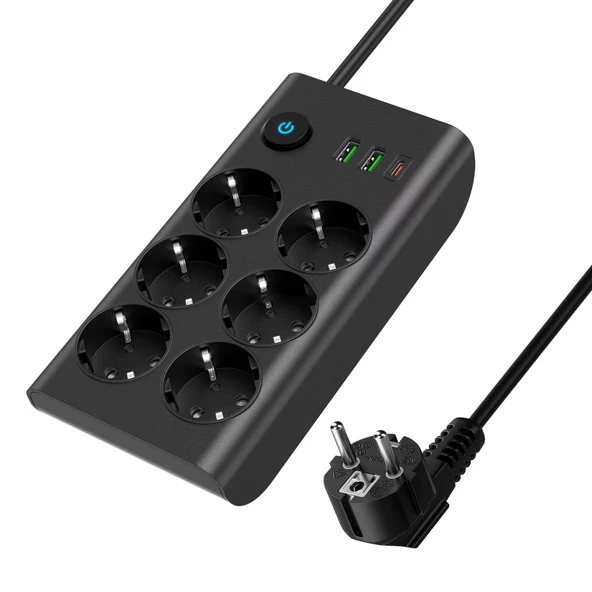 3680W Anahtarlı Akım Korumalı 6'lı Grup Priz - 2x USB-A ve 2 x Type-C Girişli ürün görseli 1