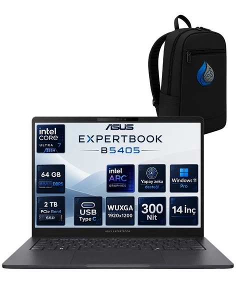 Asus Expertbook B5 Intel® Core™ Ultra 7 255H Aı 64 GB DDR5 2 TB SSD Intel® Arc™ Graphics 14''inç Wuxga (1920X1200) IPS 300NITS Windows 11 Pro Taşınabilir Bilgisayar B5405CCA-U716512B0DRNP23 ürün görseli 1