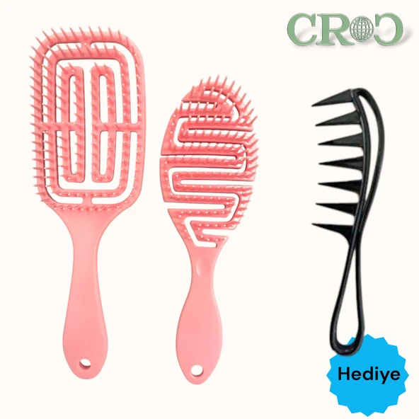 Croc Saç Fırçası Seti 2li Somon - Saç Açıcı Fırça, 3D Detangler Brush - Tarak Hediyeli ürün görseli 1