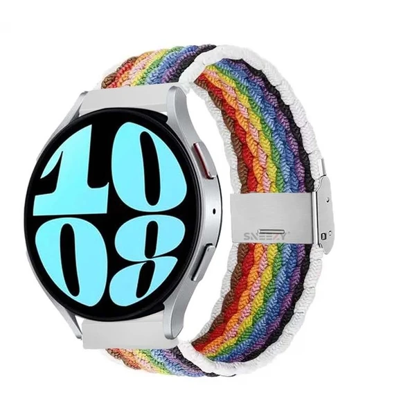 Sneezy Huawei Watch GT2 42mm Uyumlu 20mm Metal Klips Solo Fiberlink Örgü Kordon  Beyaz Gökkuşağı ürün görseli 1